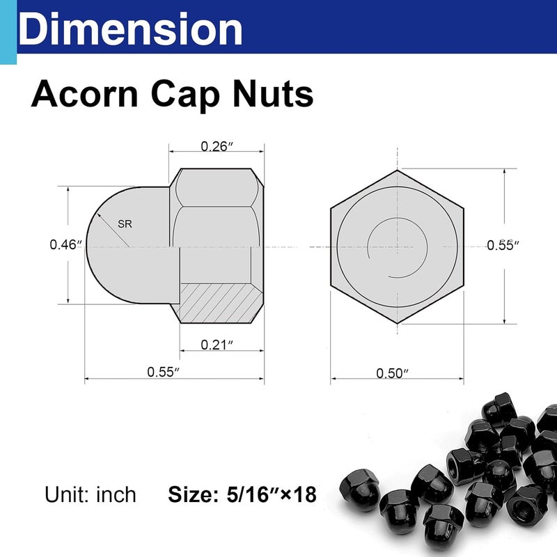 Usdrwam 30Pcs 5/16"-18 Acorn Cap Nuts, Zinc Plating-Black Hex Head Acorn Cap Nuts, Stainless Steel 18-8 (304) Hexagon Dome for Indoor Outdoor - Image 2